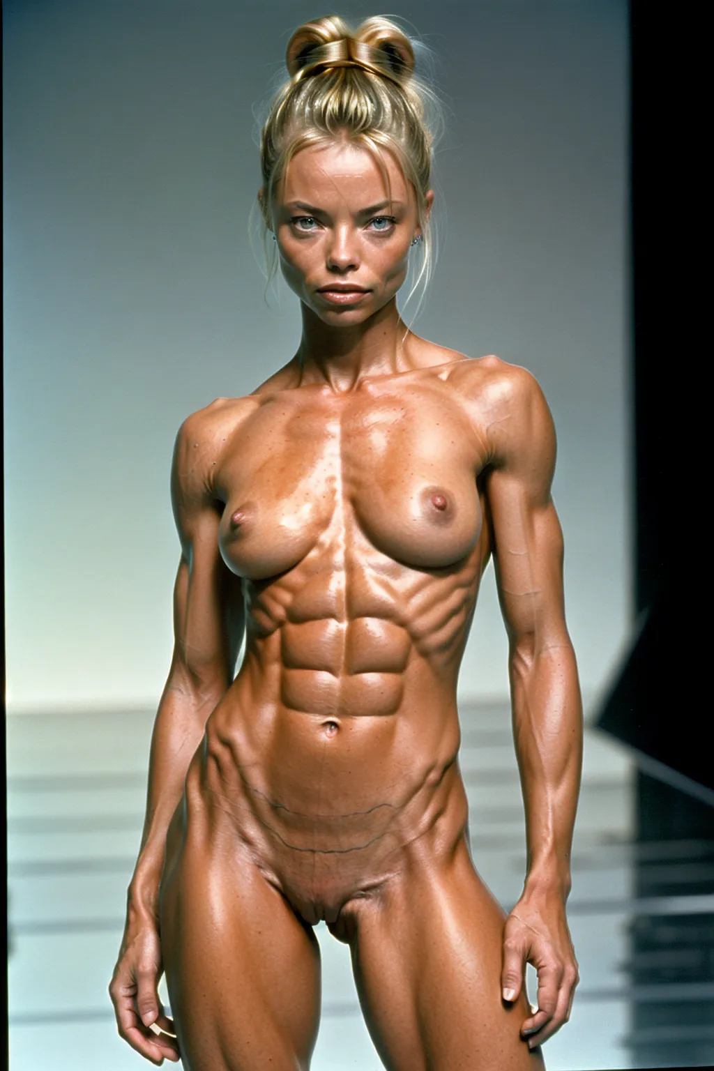 A very fit 18 year old fully naked Jamie Pressly, pleasure look on her face, flexing her abs, very low body fat, extremely lean body, perfect body, showing her vagina, standing on the set of the Terminator in 1991, fully nude, spreading her legs, perfectly shaped breast, blonde hair, spreading her legs wide open, perfect tan, completely naked, hair bun