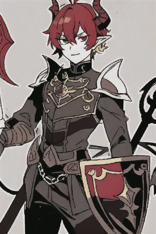 best quality, masterpiece, solo, solo guy male tiefling, bright golden brown
hair, heterochromia, green eye, red eye, determined look in eyes, golden brown color hair, curled horns devil, hell armor, ,red horns, holding battleaxe, shield, chrome shiny battleaxe, androgynous haircut, imp demon , dark paladin, chain main shirt, battle axe wielder, warrior, warrior of hell, demon tiefling, hell red power, curled horns, illrigger, armored, 1 male tiefling only, demon, flat chest, posh , leather armor, well groomed, elf ears , jackal imp creature , horns, armored jacket, solo, sharp jagged tail, humanoid, masterpiece, colorful shirt, short length hairstyle single strand of hair curls on top of head, antenna hairstyle imp demon, ,cute look in eyes, imp demon , heterochromia, masterpiece anime style
