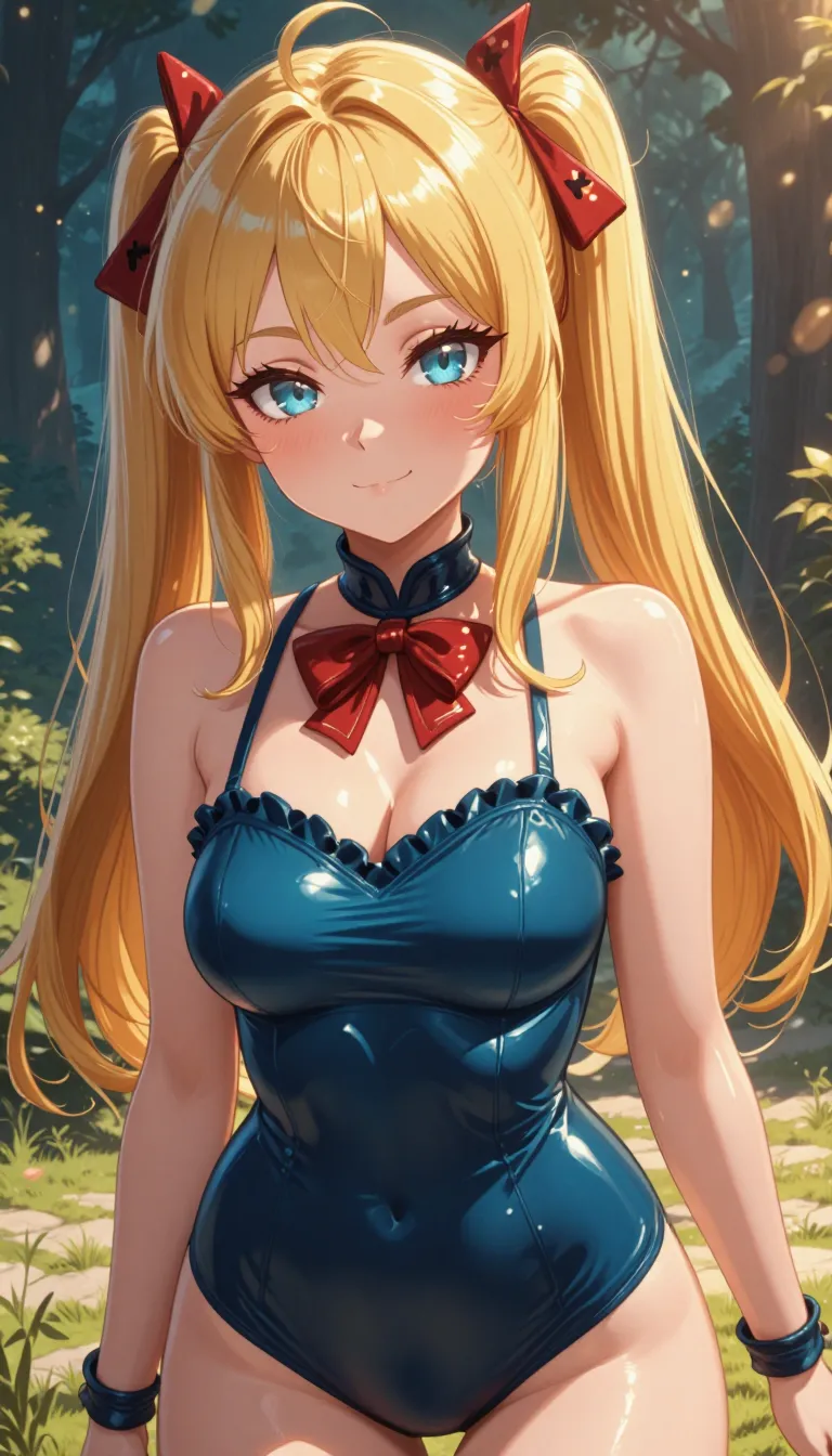 masterpiece, best quality, anime coloring, anime screencap,
1girl, solo, long hair, breasts, looking at viewer, blush, smile, bangs, blue eyes, blonde hair, hair ornament, bow, ribbon, bare shoulders, twintails, medium breasts, closed mouth, collarbone, swimsuit, hair ribbon, upper body, sidelocks, outdoors, frills, shiny, bowtie, red bow, tree, lips, one-piece swimsuit, black ribbon, sunlight, x hair ornament, red bowtie, shiny clothes, blue one-piece swimsuit, armpit crease, frilled swimsuit, marie rose