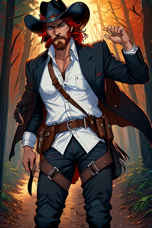 Old wild west, A badass cowboy riding his badass horse, ex-confederate officer for the C.S.A., black cowboy hat with white band and a feather, red hair, red beard, sharp blue eyes, gritting teeth, strong chin, a scar across his face, strong build, black cowboy outfit, long brown trench coat, black boot cut pants, two six shooter revolver pistols, one gun drawn, the other gun is in the holster, two gun holsters, gun belt with bullets line in, black cowboy boots with spurs, riding in the saddle of his black horse, in the forest, fending of a pack of wolves, ((high definition)), ((4k quality)), ((excellent lighting)), ((great shading)), ((pristine detail)), ((really clear picture)), ((beautiful vibrant colors)), ((accurate at lower prompt guidence)), ((ultra realistic)), (((five fingers per hand))), (((two arms per person))), (((two legs per person))),