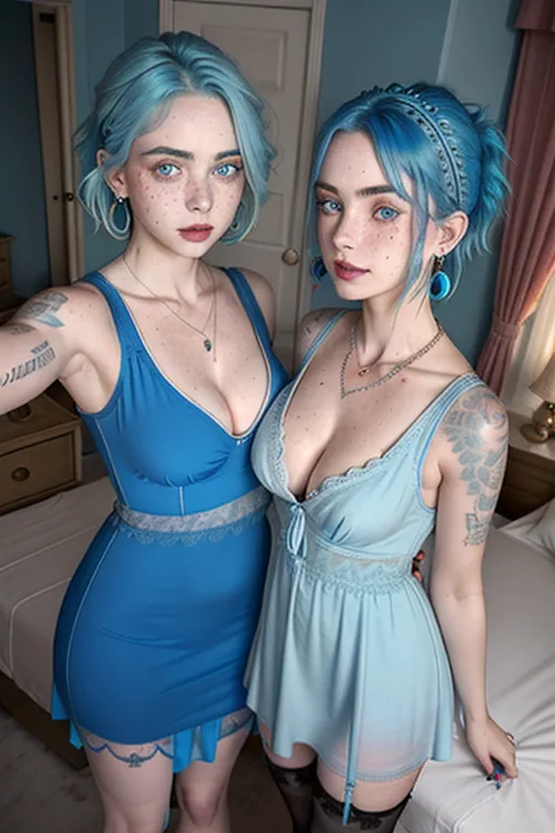 (((high angle selfie))),billie eilish and her sister,(((the most beautiful eyes))),(((the most beautiful woman in the world))),(((the most beautiful sexy cute face))),(wearing makeup and lipstick),(((freckles))),(tattoos),((short messy blue hair)),(looking at camera),(((wearing sleeveless deep V dress and stockings))),uncovered belly,(((pale colors))),(skinny body),(skinny legs),perfect natural breasts,((standing in bedroom)),(showing cleavage),(gorgeous face),(beautiful sensual smooth lips),beautifully detailed blue eyes,curved eyebrows,curved eyelid,imperfect skin,highly detailed,sharp focus,film style,natural lighting,happy,smiling,joyful,wearing necklace and earrings