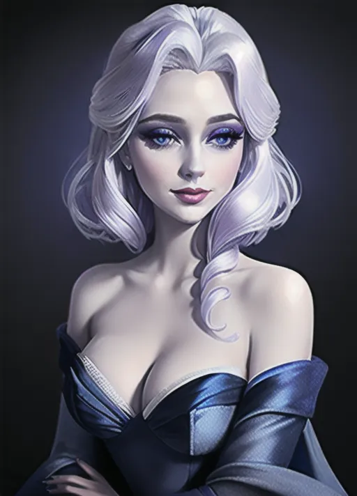 Beautiful glamorous sultry Queen Elsa of Arendelle with her sapphire eyes, purple eyeshadow, warm smile and platinum hair, in a dark blue velvet off the shoulder gown with white fur trim around the shoulders. dark blue light weight silk cape stemming from midway between her shoulders. photorealistic.