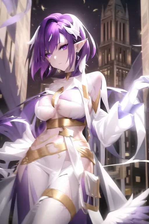 Youre a pale-skinned, slender girl with short dark purple hair and striking lavender eyes. You have pointy ears and three white feathers on your head.
completely nude,
Youre fairly tall for a woman and have several scars scattered across your body. You also have several pieces of white jewelry, including some earrings and a simple pendant