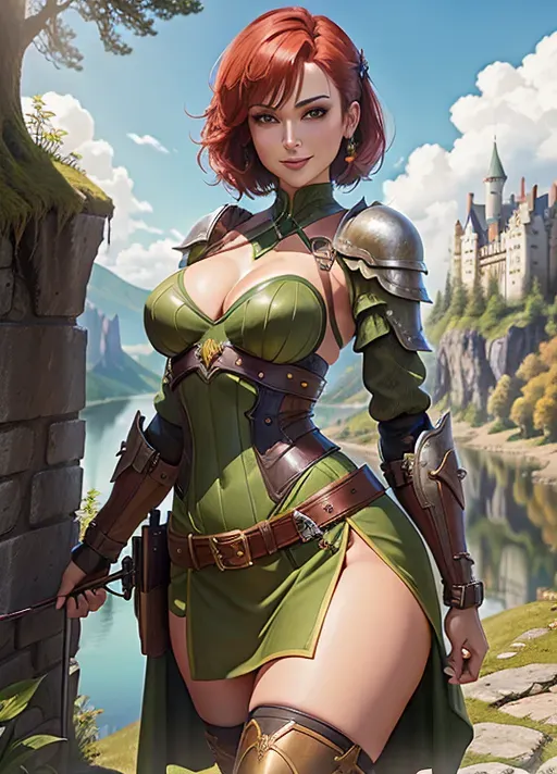 High Resolution, best quality, Artstation style picture of sexy young woman in green and brown armor, short skirt, knee high leather boots, small breasts, toned and slim body, cleavage, erect nipples, narrow waist, holding a bow, smiling, short red hair, sensual expression, sharp features, very beautiful, symmetrical features,
castle on a cliff next to a lake in the background, forest, sunny sky