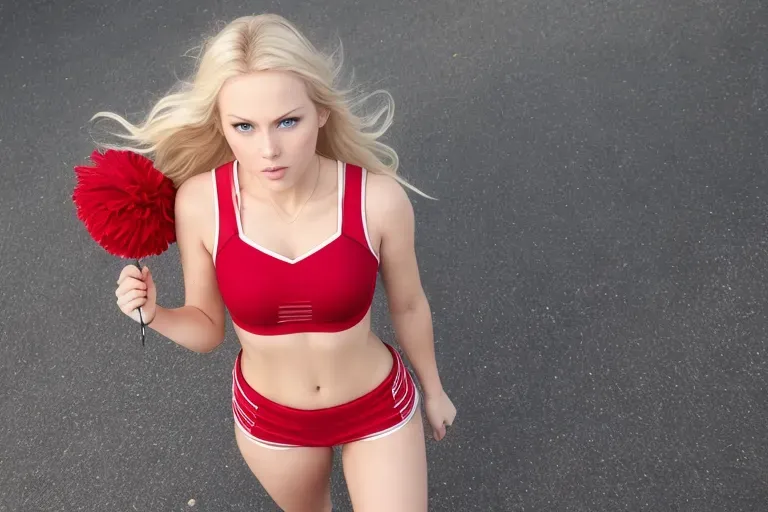 Scandinavian, Blonde, Blue eyes, angry face, hand cuffed, walking on the street, medium size boobs, fit body, medium sized booty, messy hair, red Cheerleader clothes, realistic, only one girl, show full body,