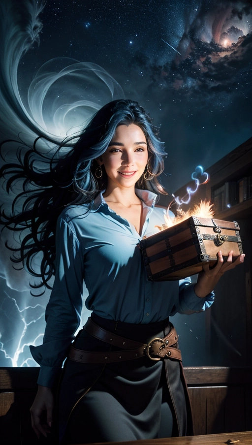 A professional photograph, 1 hot (woman) is seated behind (((an opened old treasure chest))) on a table in a library, (((glowing:1.2) stars:1.2)) are escaping out of the chest in ((a rising tornado:1.3)), her (((silk shirt is blown up by the wind))), ((<lora:dpmg_upshirt:0.8>)), (((wavy (blue:1.2) hair))) flying in the wind, (perfect perky breast), beautiful lips, perfect face, ((surprised:1.3)) and ((smiling)), silk skirt, highly detailed, perfect hands, five fingers per hand, perfect hands,
(fantasy atmosphere), ((cinematic lighting)), ((cinematic composition:1.2)), 32k, HDR, highest quality, highest resolution, (photorealist:1.72), (photorealism:1.72), (masterpiece:1.18), --s 750