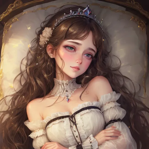 (Princess),
(Brunette),
(sleepy),
(disheveled),
confused,
glassy-eyed,
dreamy,
(((half-lidded eyes))),
smiling,
almost asleep