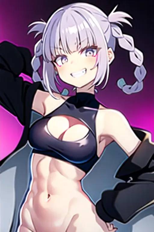 nanakusa nazuna, 1girl, bangs, bare shoulders, black nails, braid, breasts, cleavage cutout, clothing cutout, grin, groin, hair rings, hand on hip, hand up, jacket, light purple hair, long sleeves, looking at viewer, nail polish, navel, open clothes, open jacket, sleeveless, sleeveless turtleneck, sleeveless turtleneck crop top, smile, solo, turtleneck, w, <lora:dpmg_nanakusa_nazuna:1>