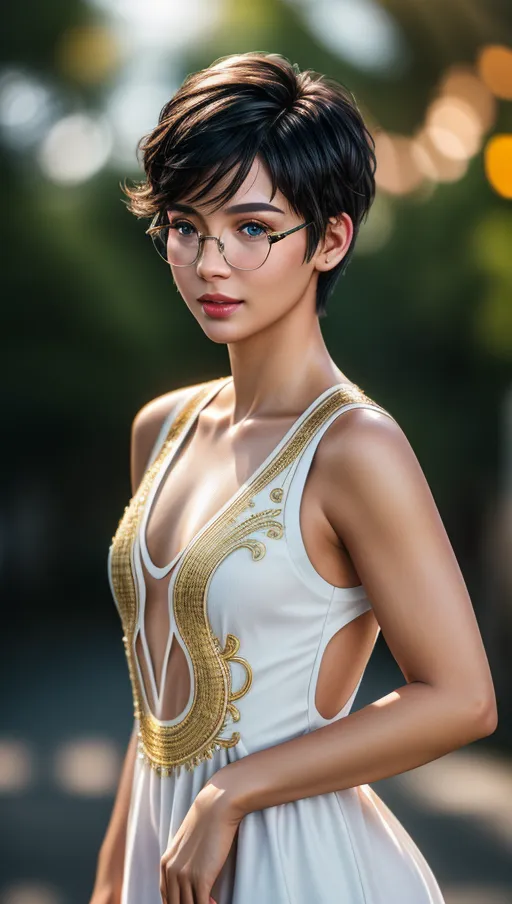 8k High resolution photorealistic colored picture of a beautiful German girl, golden glasses, cute face, high cheekbones, black short hair, (wearing a white cut out dress), stubby nose,
High Definition skin, high definition hair, big blue eyes, long eyelashes, standing, posing, full body shot,
(<lora:dpmg_add_detail:0.8>),
detailed glossy eyes, beautiful lips, detailed face, detailed textured skin, photorealistic, realistic detailed hair, pretty teeth, textured imperfect skin, realistic pretty feet, (accurate realistic eyes), realistic teeth, realistic mouth, pubic hair, realistic skin color, realistic skin tone,realistic hair color, realistic hair tone, accurate skin color, accurate skin tone,accurate hair color, accurate hair tone,
pretty teeth, textured skin, (pores),
(8k RAW photo), (best quality), (masterpiece:1.3), (photo-realistic), hair highlighted, UHD, Nikon Z5, (50mm lens), f2.8, sharp focus, tack sharp, dof, film grain, Fujifilm XT3, (bokeh), subsurface scattering, volumetric lighting, focused, dynamic pose, dramatic angle, dramatic lighting, cinematic composition, HDR, (highest quality:1.8), highest resolution, (photo-realistic:1.72)
--s 200 --v 5.2