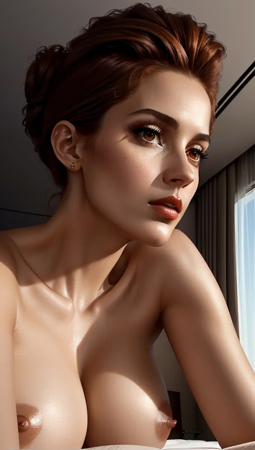 High-rise rooftop, huge luxury bed, bold young woman, room lights twinkling, Luminous Skin with Commanding Brown Eyes, a Strong Nose, and Confident Lips, Sky-high Updo, looking down, power and ambition, (extreme dramatic close-up from a very low angle), ((lying naked on stomach)), backside view