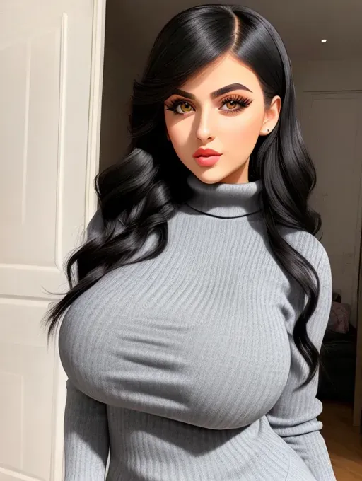 Gorgeous young Albanian woman, photo cute attractive young face, large wide doe eyes, light colored eyes, big plump lips, huge gigantic boobs, (gigantic tits), raven-black hair, sexy, thin, slim waist, tight cotton sweaterdress, photorealistic, best quality, ultra high resolution