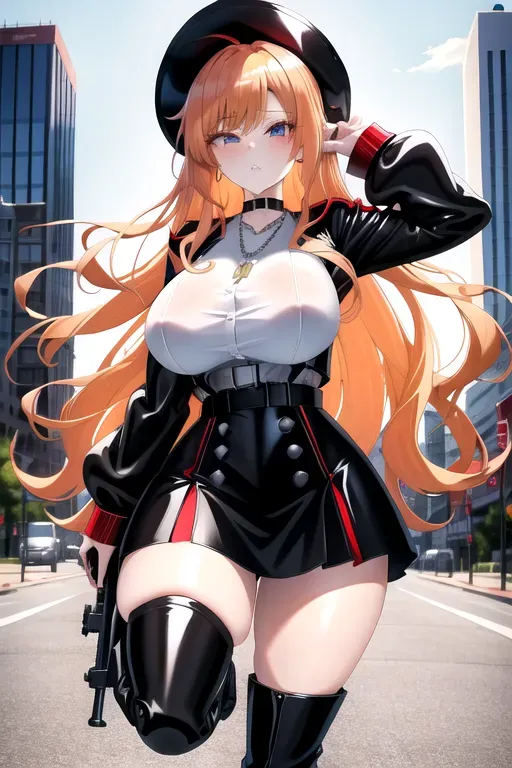 full body, strawberry blonde hair, hazel eyes, short girl, black miniskirt, black high heel boots, looking at viewer, long hair, pale skin, silver necklace, black shirt, 24 years old, giant breasts, cute face, pov, wavy hair, city environment, Oklahoma City, wide eyes, erotic, skirt tug, red trench coat, holding rifle