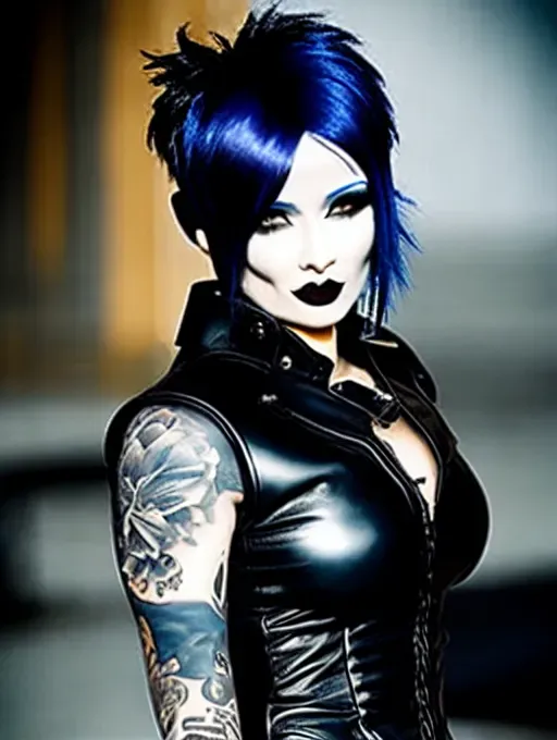 Dopamine Girl - a blue black haired goth punk woman, tough, tattooed ...