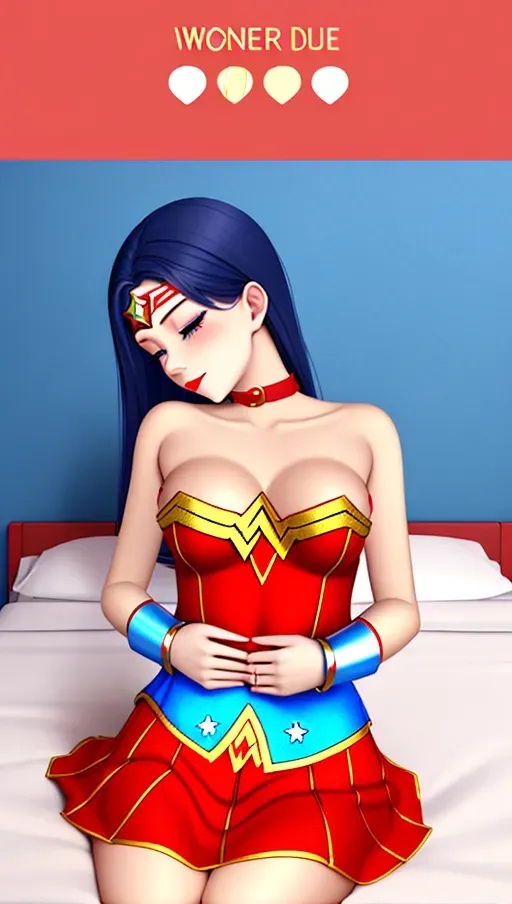 Beautiful Wonder Woman in red and gold wonder woman costume with blue skirt with loving soft smile and mini skirt. Love hotel background, soft bed. Soft chest, soft lips, kissing lips, round sagging boobs