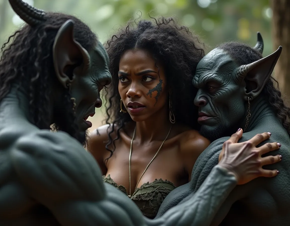photorealistc image of a ebony woman confronted by evil orcs,. rippedclothes, she is worried, yeti is hugging the woman, orcs are angry, nude woman