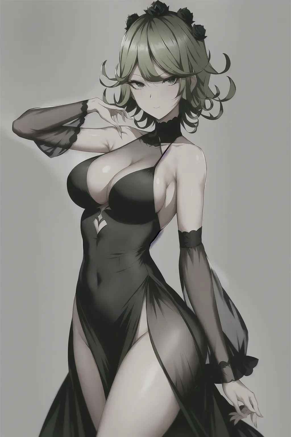 Tatsumaki, black dress, female, short green hair, small breasts, 8k wallpaper, best quality, ultra hd, global lighting, high quality