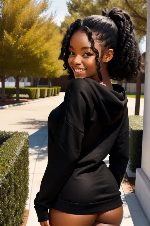 Insanely cute young women, black , wearing only Sweatshirt, sexy pose, rear view, looking over her shoulder, smiling, presenting naked ass, pussy