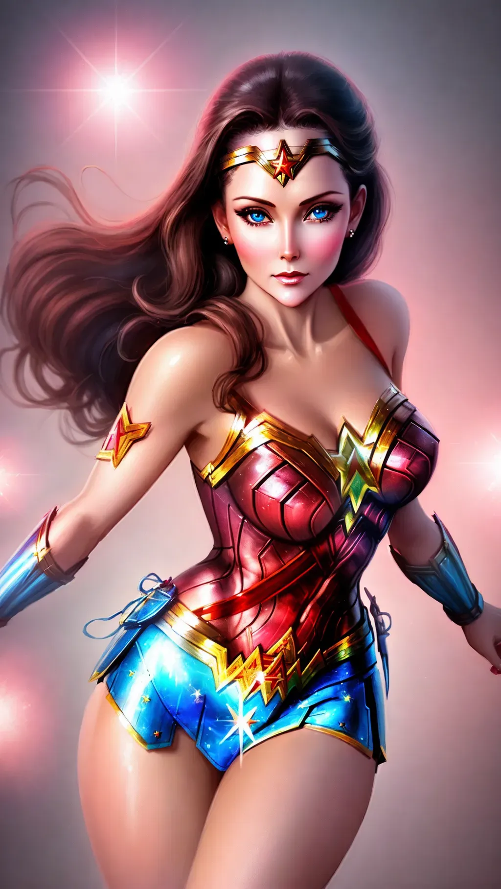 A digital painting of Wonder Woman high res crisp detail beautiful sparkling eyes, soft chin, round breasts, lynda carter concept art, the background is pink with hearts