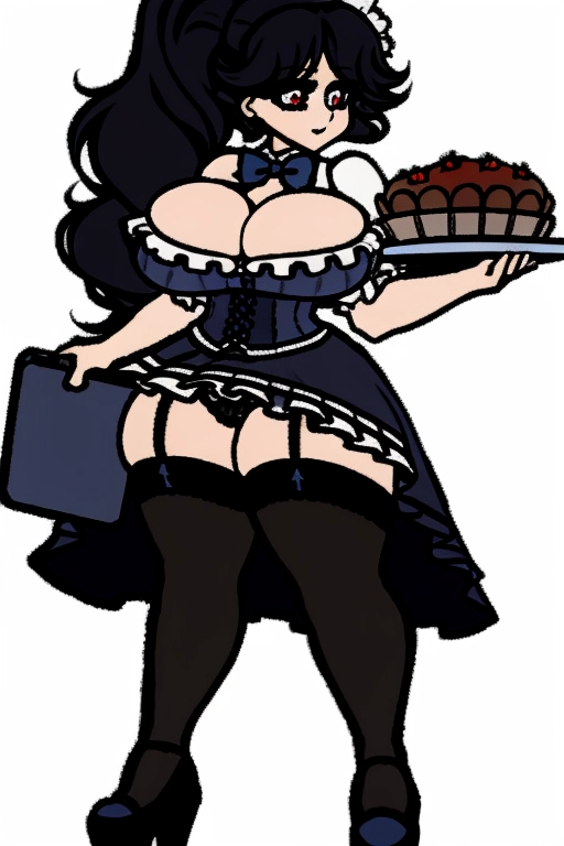 A French maid carrying a tray, ((massive breasts)), huge butt, <lora:7Kz4alaNbrX_Artistic_style:1>, frilly dress, poofy hair, black hair, black dress, large eyes, beautiful eyes, dummy thick, long hair, ponytail, curly hair, dynamic pose