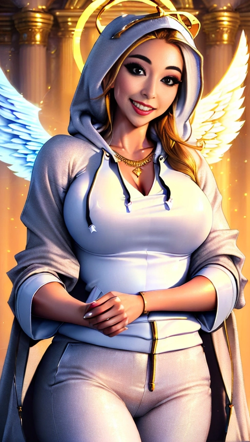 a 64k high detailed photo of Female Goddess, ((In clothing Robes))), (((In Hoodie))), HDR, Professional, Highly Detailed, ((In pants))), ((In Shirt)), ((Has Attire)), Godly, Ultra Detailed, Best Quality, Most Detailed, ((Angel Wings)), Angelic Lighting, Love, Hope, Magic casting, Smiling, happy, Glory, Warrior, Angels, Angelics, Positivity, Happiness, ecstasy, enraptured, sweaty, saving, God, Royalty, Morality, Goodness, True Good, Power, Force, Authority, Ethical, Saviour, Halo, Always and Forever Sentimental, in heat, hot, ultra hot, best, best lighting, tantric, Neutral, Brilliant, Logical, Compassionate, Perfect, Perfection, Exciting, Integrity, Winged, Courage, Purity, Harmony, Beauty mark, ((Female)), Ethereal Lighting, (((With Clothes))), ((With God Item)), ((God Tech)), (God Technology), with items of power, God Wings, (Afterlife Light), ((Perfect Body)), ((Perfect Anatomy)), (Love Worship), (God Light), ((God Staff))), ((God Weapon)), (Spirituality), (Smiling), ((Happy expression)), ((((Has Clothing On))), accessories,