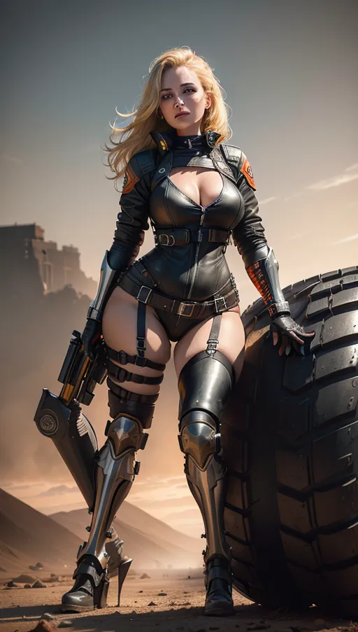 Ultra HD resolution, best quality, hyper realistic, ultra realistic, digital professional photograph from film stock,red filter,(((ultra vivid colour)))(((realization in the style of George Miller))),(((extremely beautiful blond woman))),(((black leather,straps,weapons,sawn off shotgun,ammo pouches,metal.motorcycle jacket,leg brace,main force patrol emblem,MFP police)))
((big round breasts)) , (((accurate face))), (((pretty face))), ((eye contact with viewer)), seductive smile, horny, clear eyes, soft skin
(((beautiful hourglass figure))), dressed as max rockatansky from the movie mad max 2,outside on an apocalyptic road with the a heavily modified road worn last of the v8 interceptors in the background, apocalyptic red sky,dust storm,huge explosions,tornado,fire,wasteland,highly detailed,24k,incredibly intricate
(((dynamic pose girl is riding a massive black and chrome incredibly powerful very heavily modified all terrain v8 motorcycle massive all terrain tires,heavily armored,dynamic angle,dark aesthetic,no two poses the same)))
