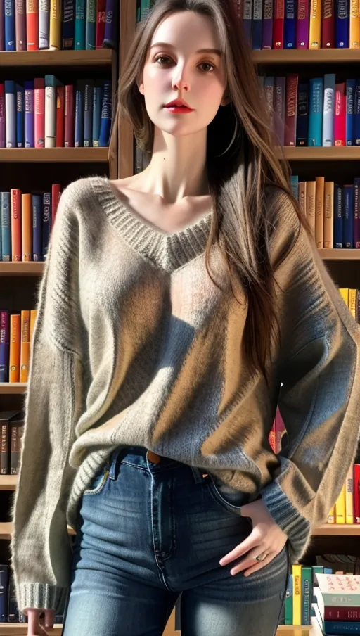 HDR, UHD, vivid colours, 64k, photo, bookshop, saleswoman, thin chest, long straight dark slightly greyish hair, knit wear sweater, jeans, bright shining eyes, Flatt little breast