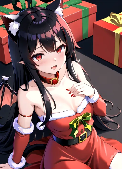 perfect quality, Neko-girl, dragon-girl, cat ears, horns, dragon wings, dragon tail, red eyes, black hair, long hair, flat chest, red dress, christmas, presents
