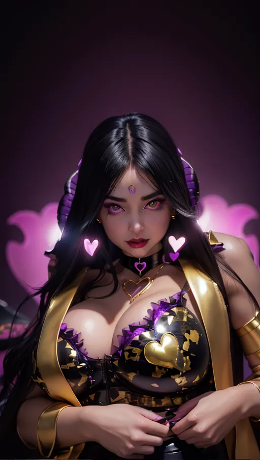 best quality, (((ultra high res))), (detailed face and eyes), hearts, perfect face, heart choker, golden earrings, jewelry, purple glowing heart, black latex, purple heart necklace, (topless), (((succubus))), horns, tail, snake coiling, perfect tits, (huge tits), (golden snake), ((heart nipple patches)), black hair
