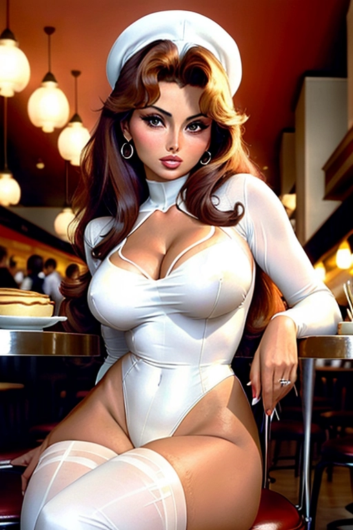 gorgeous young Sophia Loren, beautiful face, ((white leotard)), ((full body and thighs visible)), sitting in a pancake restaurant, large stack of pancakes in front of her