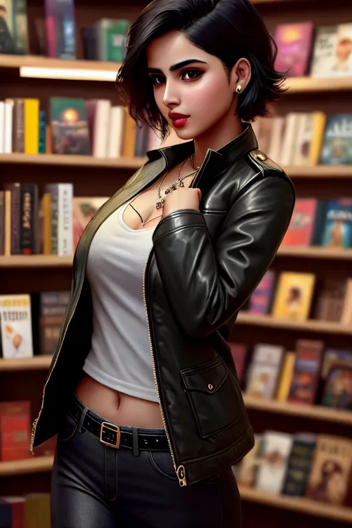 a oil painting of,a pakistan girl,wearing jacket,dancing,at the bookstore,big breasts,five slender fingers,undercut hair,gorgeous face,beautiful lips,black eyes,curved eyebrows,smooth skin,joyful,wearing necklace,professional,bokeh,artstation,editorial,unreal engine