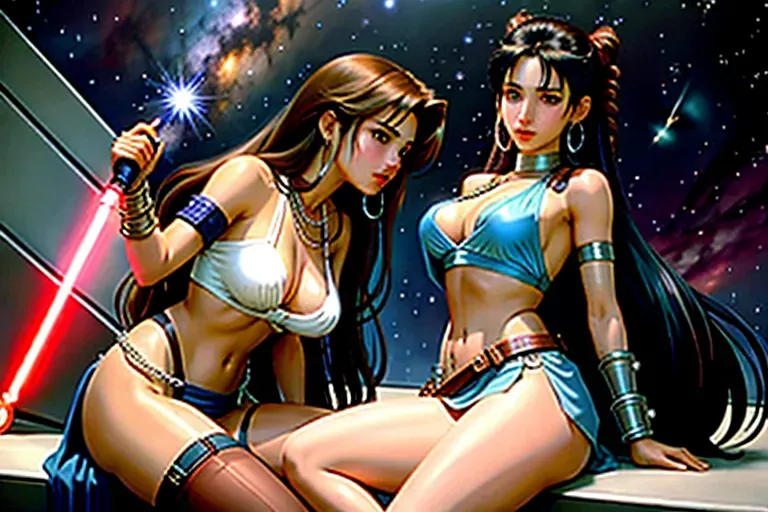 <lora:dpmg_upshirt:1> , final fantasy meets star wars with padme amidala and aerith and tifa in chains, aerith, aerith gainsborough, tifa, tifa lockhart, lesbian, 2girls tifa and aerith, 2 girls, no underwear, no panties, jewelry, bracelets, ankle bracelets, metal chain around neck, showing gorgeous pussy, gorgeous breasts, dress, in a space pub