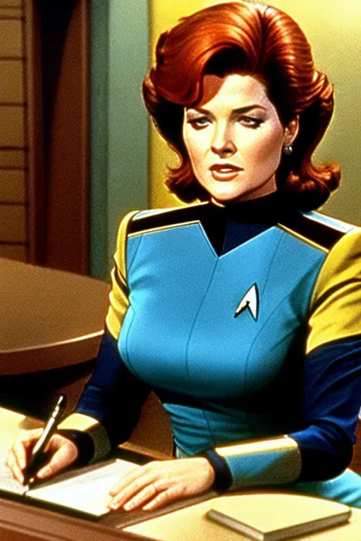 Picture of Kathryn Janeway, star trek, sitting behind desk, eyes closed, moaning, hands beneath desk