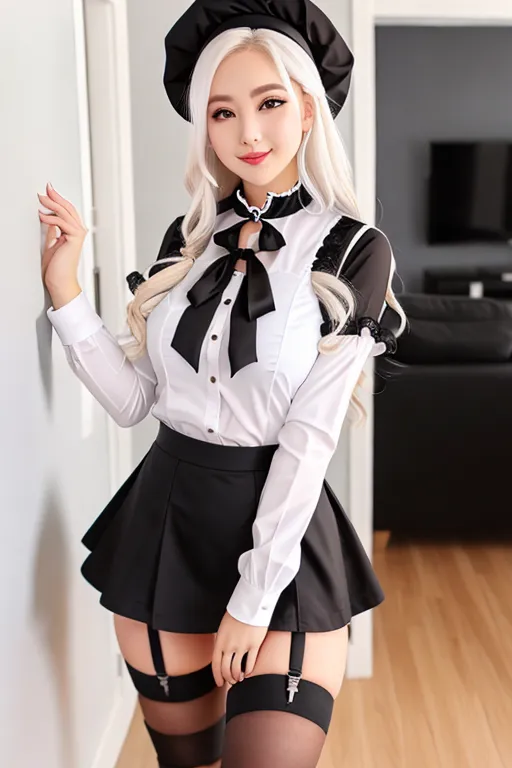 miniskirt, black maid uniform, white hair, choker, brown eyes, pale skin, giant breasts, boots, cleavage, high heels, looking at viewer, walking across room, living room, 1girl, smiling, wavy hair, 8K, Full body photo, slim body