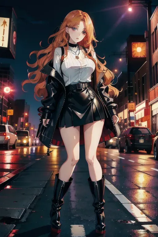 full body, strawberry blonde hair, hazel eyes, short girl, black miniskirt, black high heel boots, looking at viewer, long hair, pale skin, silver necklace, black shirt, 24 years old, giant breasts, cute face, pov, wavy hair, city environment, Oklahoma City, wide eyes, erotic, skirt tug, red trench coat, nighttime, black backpack