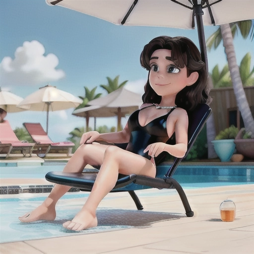 middle-aged brunette woman sunbathing lying on a pool chair wearing a black swimsuit