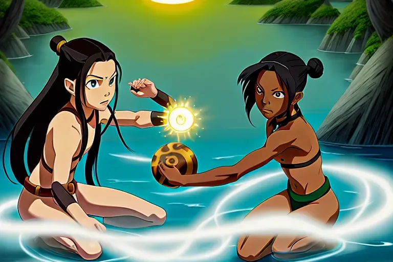 best quality, 2girl, nsfw, naked, long hair, dark skin, Avatar the last airbender, Katara, Toph, waterbending, earthbending