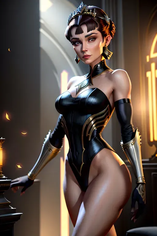 Renaissance dystopian Deep Colors Artposter Intricate Art-Deco elements of the Mythological, Ultra Detailed portrait of a young Audrey Hepburn, short dark hair, (((accurate face))), wearing leotard, ((bare legs)), resolution concept art by Greg Rutkowski, Artgerm, WLOP, Alphonse Mucha dynamic lighting hyperdetailed intricately detailed Splash art trending on Artstation triadic colors Unreal Engine 5 volumetric lighting