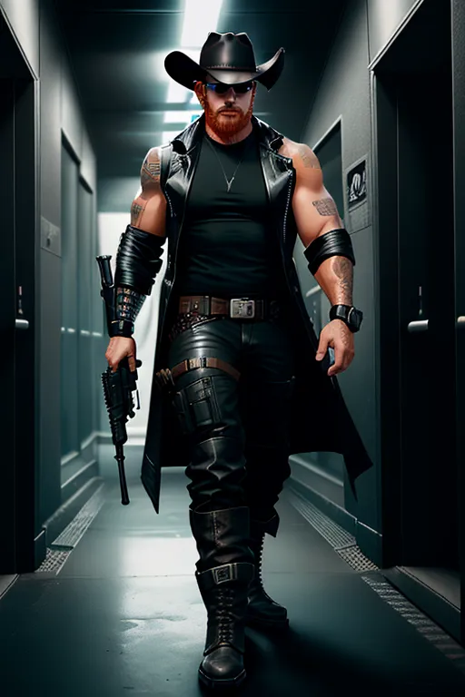 Cyberpunk, wild west, The year is 2085, our hero is a mercenary and private investigator, male, red hair, black cowboi hat, mean eyebrows, wayfarer sunglasses, strong chin, thick beard, strong build, dark dark grey leather trench coat, black tank top, black armored pants, black cowboi boots, holding a double barreled futuristic shotgun, in a dark corridor, high definition, in the bed, 4k quality, excellent lighting, great shading, pristine detail, five fingers per hand.