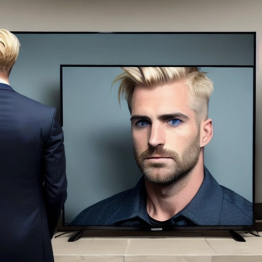 an image of a handsome thirty something male with dirty blond hair and blue eyes who is sitting on a navy colored sectional dressed in the latest louis vuitton collection, He is having a video call on is big screen TV in a chic downtown apartment. The person on the TV is currently in jail and holding a phone up to his ear while he looks into a tiny screen on the wall. The handsome inmate has dark hair and dark eyes. He is 30 years old with short almost buzzed haircut. He is dressed in prison clothing.