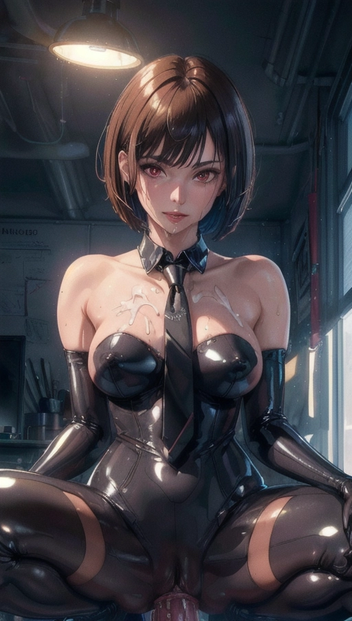 (Best quality, high quality cinematic film wallpaper, high res, 4k, HDR, UHD), 1 mature adult woman, (a breathtaking masterpiece of extreme close up portrait of a naked woman squatting on a dildo on a cluttered office desk), (short brown hair in a bob cut with straight fringe, nude in black latex bodysuit, necktie:1.2),
(correct slender human anatomy, naked with collar and tie squatting on a dildo with legs apart), (extremely detailed red eyes looking at viewer:1.25), (extremely detailed view of her realistic face with smug expression:1.32), (beautiful detailed full lips smiling smugly:1.27), ((extremely zoomed in detailed view of naked nipples and wet pussy dripping with cum:1.25)), (perfect wet pussy with thick white cum:1.25),
(Dark atmosphere cinematic film scene in an office), high contrast, (confident and bold pose while sitting on a dildo on a office desk), hyperrealistic skin with pores and blemishes, five slender high quality fingers,
((muted colours:1.27)), close up cinematic composition of a naked woman in office squatting on a dildo on computer desk, soft focus, sharp and clear image, (candid:1.1), (flat shading stylised art:1.07), <lora:dpmg_add_detail:0.55>, (physically-based ray tracing, photon mapping, photorealistic:1.45), ((high resolution masterpiece, 4K, HDR, UHD:1.45)), (messy short brown bob cut hair with straight fringe, black latex bodysuit), <lora:dpmg_riding_dildo:0.69>