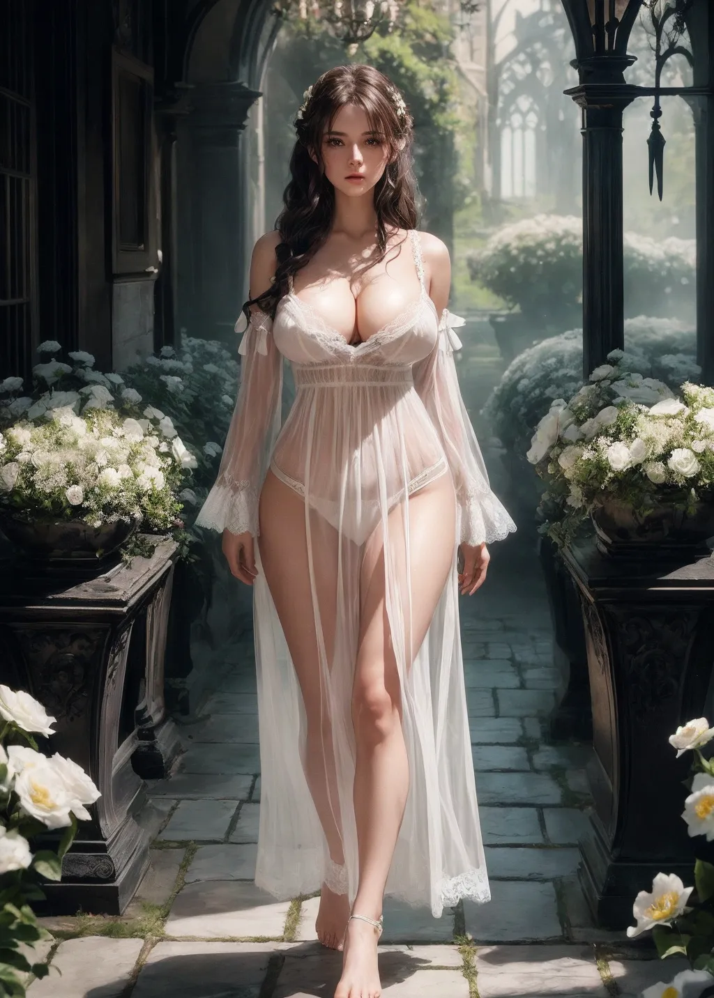 a (dark:1) and (haunting:1) (photograph:1) of a (((busty woman wearing a white lace nightie:1))), hair up in a loose messy arrangement of curls, elegant, 18th century, (huge breasts), natural breasts, lip gloss, manicured nails, bare feet, flushed cheeks, nipples, frills, lace, bows, light brown hair,
(she is walking through a (gothic:1) garden), (menacing shadows haunt her but she glows with a soft white light that keeps them at bay), fairy-tale, (an innocent maiden that keeps the monsters hungry), (haunted by demons), (beauty and the beast), (flowers bloom where she walks but wilt when she gets too far),
detailed eyes, detailed face, particle effects, bokeh, ray tracing, cinematic, ultra sharp, clean lines, (14k resolution), hyper-realistic, detailed background, HDR, UHD, 64K, Highly detailed, ambient lighting, Professional, Trending on artstation, Unreal engine, Vivid Colors, <lora:dpmg_add_detail:0.6>,