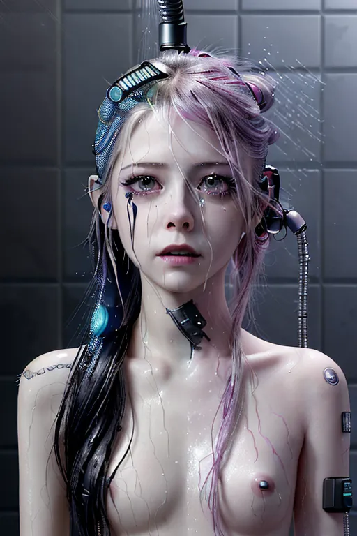 (Avril Lavigne), naked, perfect face, high quality face, 64k, ((cyberpunk apartment shower)), running mascara,crying, body modification, battle scars, cyborg implants, ultra detailed image, 4k, wet, rain, cold, shivering, goosebumps,