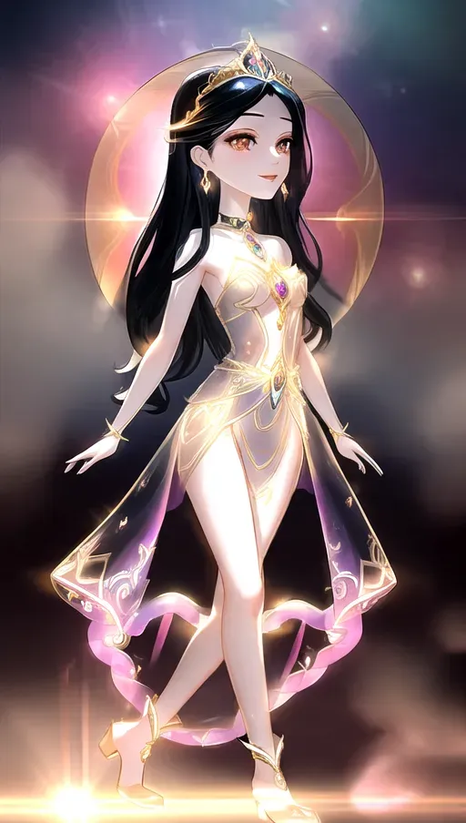 Graceful and slender body, Eyes that shimmer like deep pools of uncertainty, Long flowing raven-black hair, Porcelain-pale skin that contrasts with her dark hair, Full and luscious lips with a natural flush, Radiant smile with a perfect balance of warmth and mischief, Captivating hips, alluring sides, and shapely waist, Enchanting gaze revealing boundless compassion and unwavering faith, Mesmerizing beauty that seems to radiate from within, Form-fitting gown made from shimmering transparent otherworldly fabric, Intricate patterns and symbols on the dress reflecting dimensions and forces, Ornate choker-style necklace with an enigmatic sigil pendant, Elaborate arm cuffs adorned with arcane markings, Knee-high intricately designed boots blending modern style with surreal elements,Transparent diaphanous gown with iridescent patterns, Celestial belt adorned with stardust-like gemstones, Shimmering bracelets, Intricate tiara adorned with luminescent gemstones