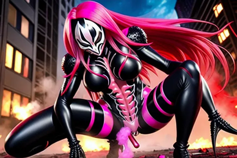 naked futanari Carnage Symbiote with attractive body feminine, pink skin, erect penis, testicles, long Pink hair, detailed face, bones on ground, destroyed city in background, faint pink mist
