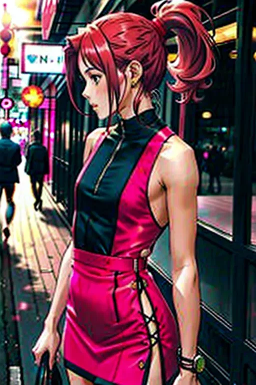 Man with long red ponytail, wearing pink minidress