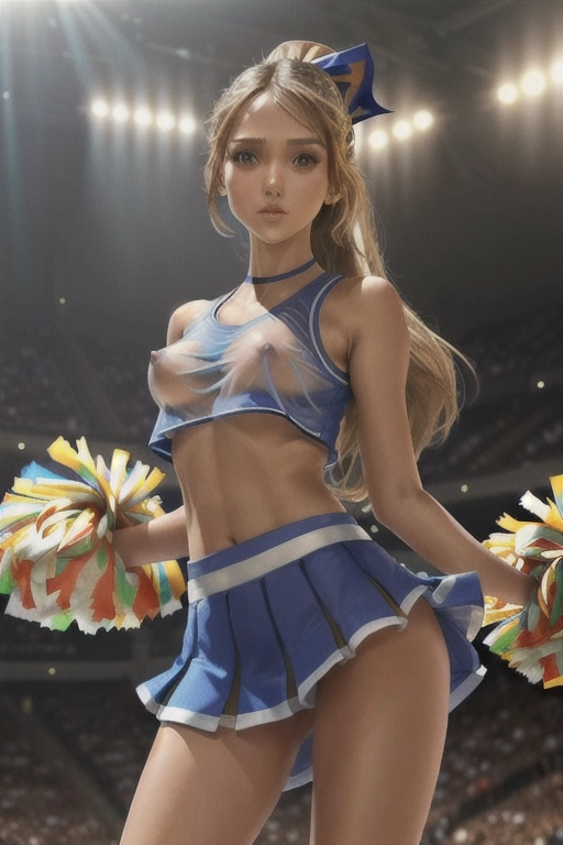 masterpiece, best quality, 64K, photorealistic, UHD, extremely detailed, color photograph of ((perfect mix of Jessica Alba and Kristina Pimenova)), gorgeous cheerleader, tanned, skinny, athletic, thigh gap, hip bones visible, perky breasts, (((flat chested), hard nipples)), tight pussy, braless, no bra, ((no panties)), extremely sheer material, (((see-thru cheerleader uniform))), short crop top, underboob visible, ((hard nipples visibly pressing on inside of top)), deeply scooped neckline, (breasts visible thru top), low waist skirt, extremely short skirt, skirt slit to waist, (pussy visible thru skirt), ponytail, ponytail hair, smiling, eager to please, highly detailed face, (show full body), low angle view, (upskirt view of pussy),
ultra realistic, hyper realistic