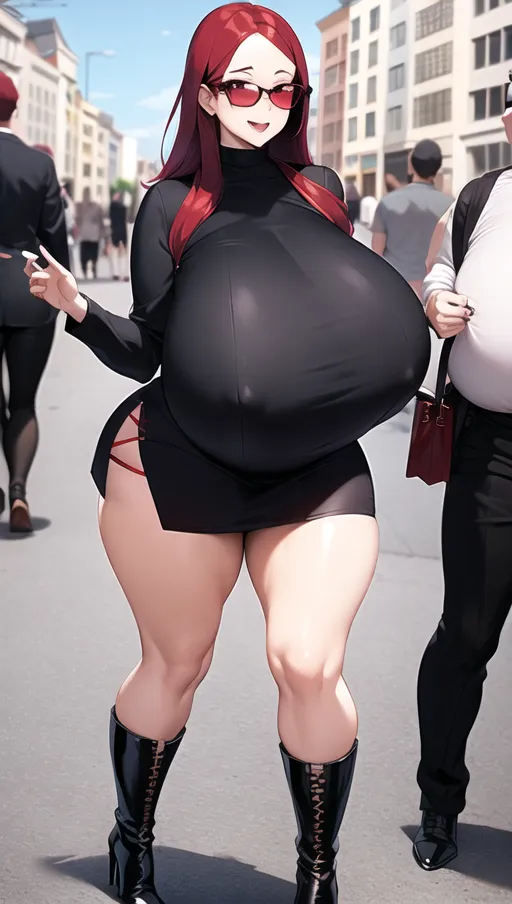 Dark red hair, sexy glasses,Sexy women ,big boobs,pregnant gigantic belly,fat belly and fat boobs,weight gain, gigantic fat belly,fat belly ,huge pumped up belly, black mini skirt, black high heels boots,sex,nude boobs, in a city, people mass, <lora:dpmg_pov_Big_fat_belly:1>,