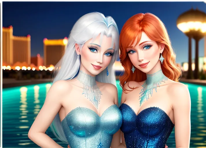 beautiful auburn haired Queen Anna in green and her platinum haired Sister, Elsa, in blue, with their beautiful sapphire eyes, visit dazzling Las Vegas at night. Their warm sweet smiles brightening every day.