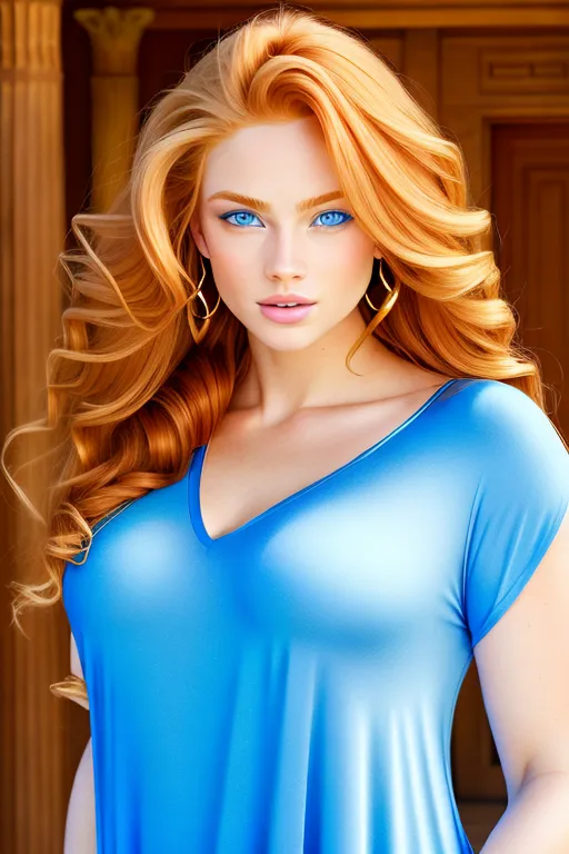 blue eyes, reddish blond hair, plump, full bodied, light skin, golden ratio face, revealing loose fitting clothes, greek goddess,