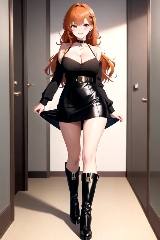 miniskirt, black minidress, orange hair, choker, brown eyes, pale skin, giant breasts, boots, cleavage, high heels, looking at viewer, walking across room, living room, 1girl, smiling, wavy hair, 8K, Full body photo, slim body
